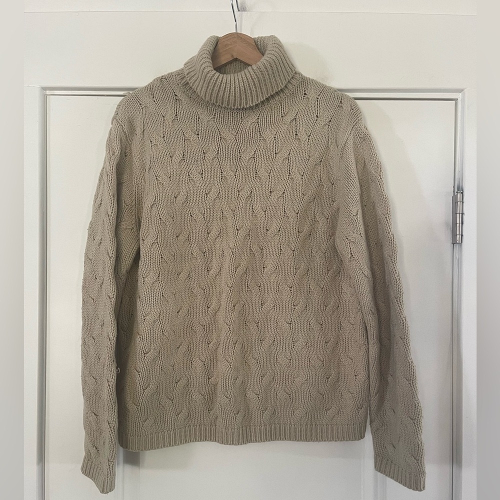 Cozy Classic Elements Cable Knit Tan Turtleneck Sweater - XL